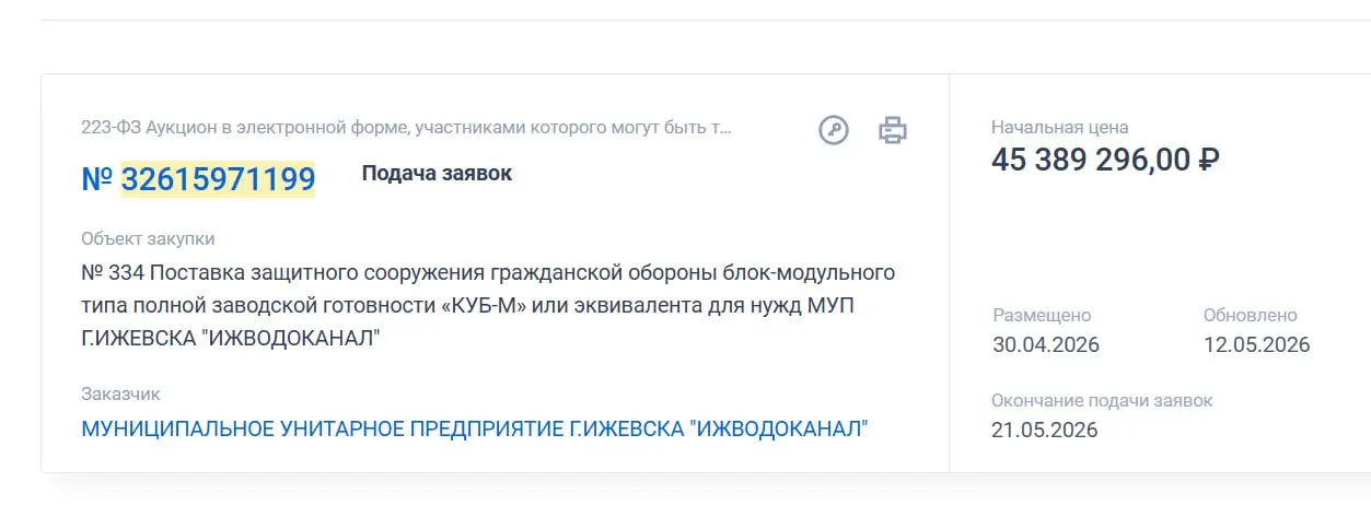 МУП «Ижводоканал» объявил закупку блок‑модульного защитного сооружения «КУБ‑М» (или эквивалента) с начальной ценой 45 389 296 рублей. По состоянию на 30 апреля 2026 года идёт поиск поставщика.