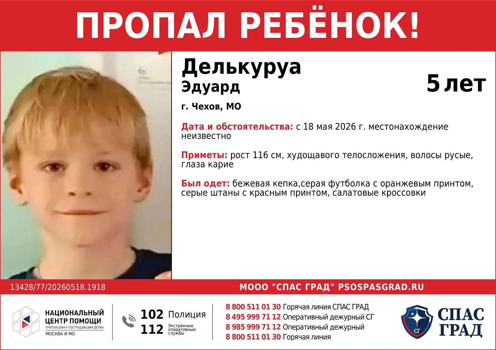 В парке Чехова мать потеряла из виду одного из близнецов; это третий подобный инцидент за сегодняшний день. Если у вас есть информация, сообщите в экстренные службы.