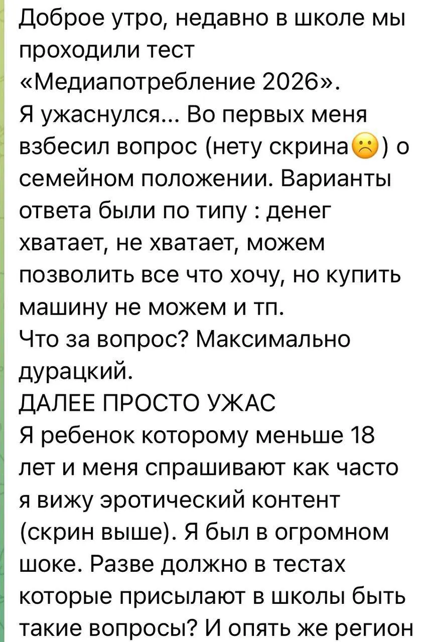 Ученикам 5–11 классов и студентам колледжей рассылают анкеты с вопросами о пользовании VPN, мессенджерах, доходах семьи и частоте просмотра эротического контента. Многие школьники признаются, что такие вопросы их смущают.