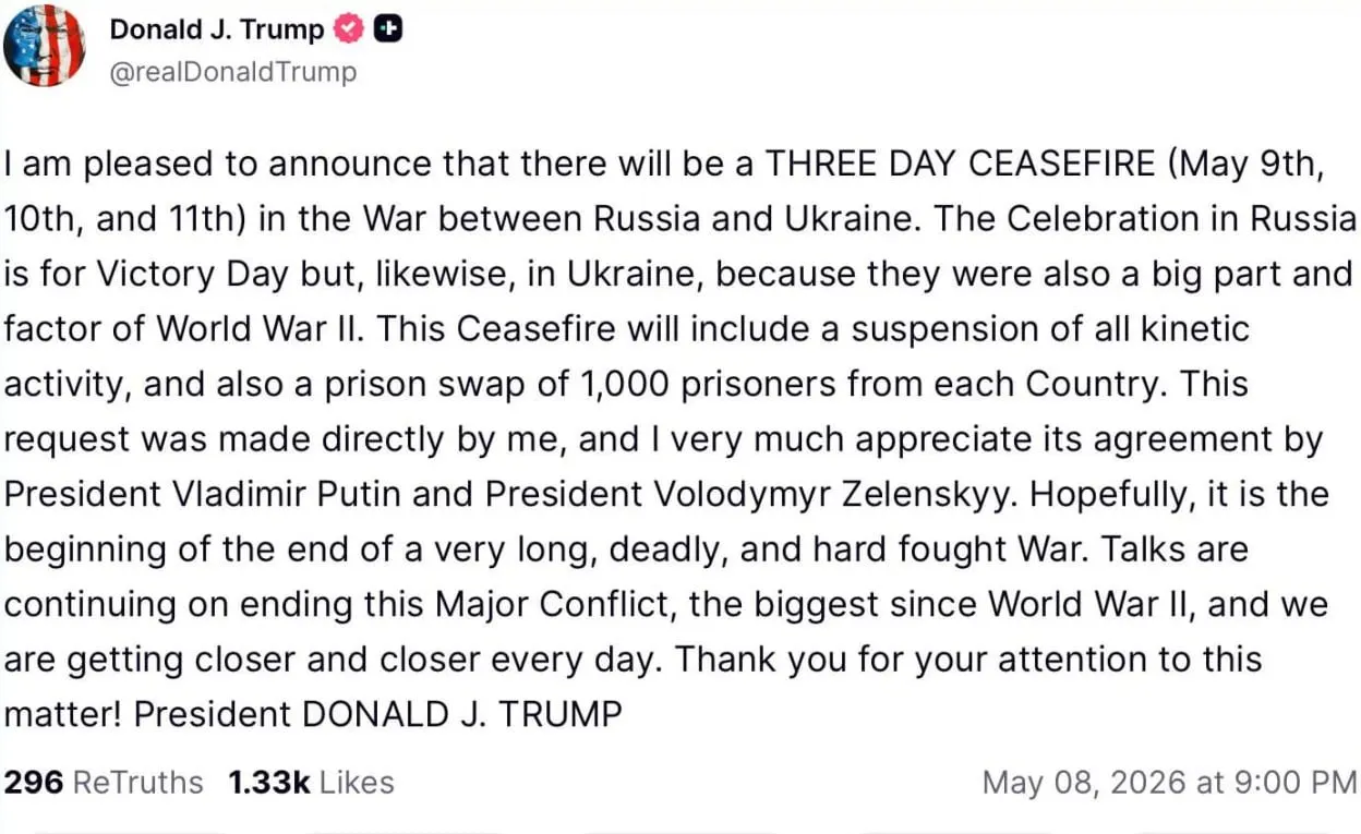 По словам Трампа, он лично предложил перемирие, которое, как он утверждает, предполагает приостановку боевых действий и обмен пленными — по 1000 человек с каждой стороны; Путин и Зеленский якобы согласились.