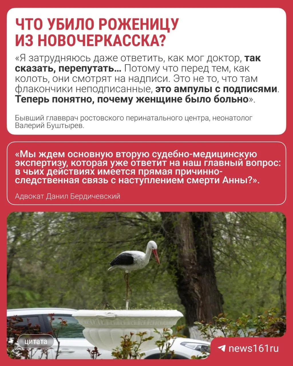 Первая судебно-медицинская экспертиза установила, что применение транексамовой кислоты во время схваток привело к тяжёлым осложнениям — поражению мозга и коме, в результате женщина умерла.
