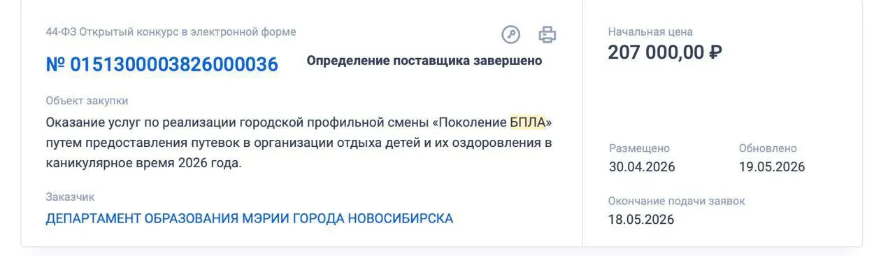Мэрия закупает путёвки для подростков 12–17 лет в летнюю смену «Поколение БПЛА», где детей планируют обучать базовым навыкам пилотирования дронов и их применению в агросекторе; на организацию выделено свыше 207 тыс. рублей.