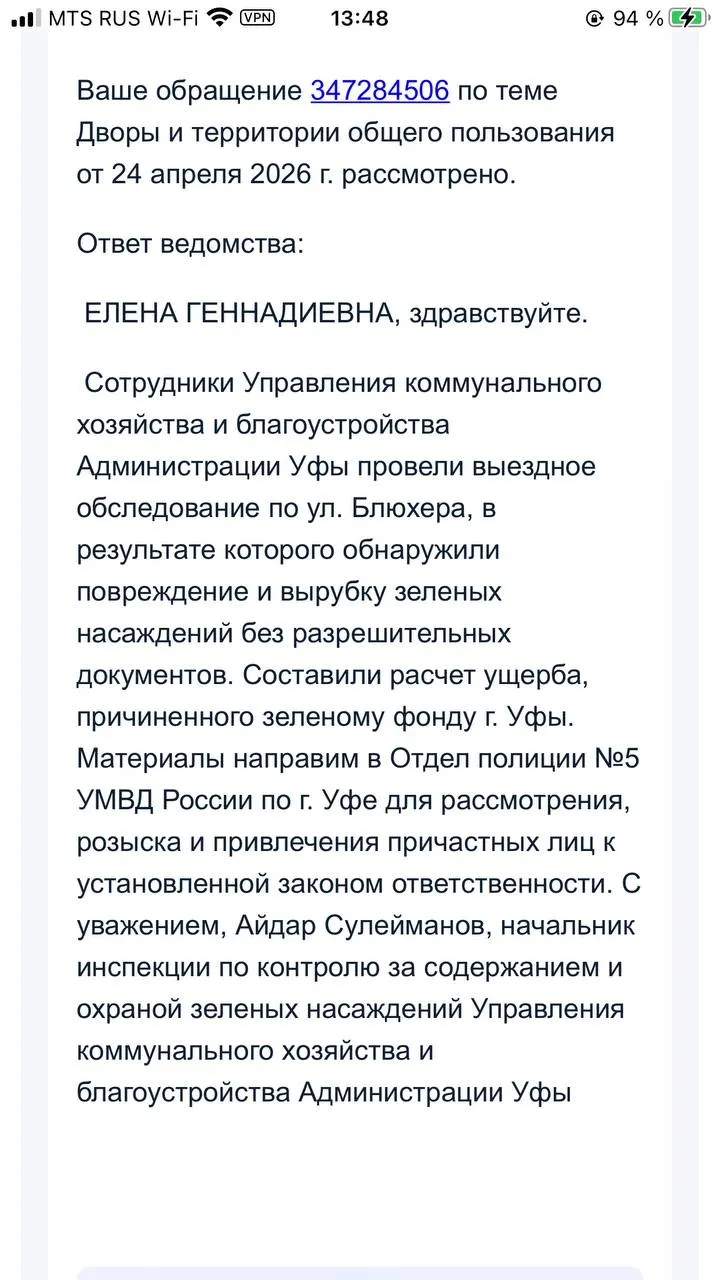 С 23 марта жильцы комплекса на ул. Блюхера сообщают о вырубке зелёных насаждений без разрешений. В ответ приходили отписки о федеральной собственности участка; после многочисленных обращений город выехал на место, жители требуют наказать ответственных и восстановить ущерб.