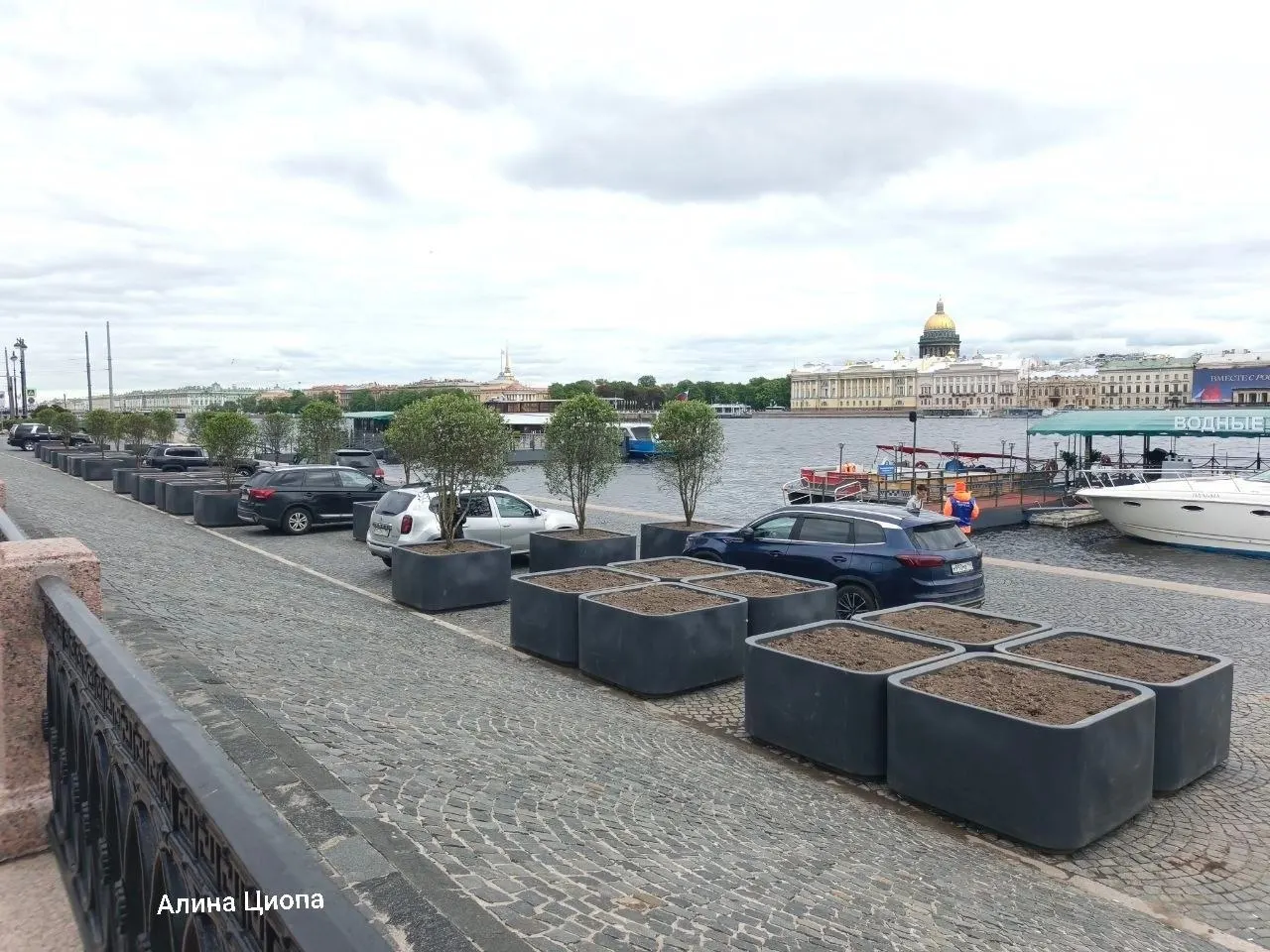 На Университетской набережной в Петербурге разбивают два временных зелёных пространства: один вокруг памятника Михаилу Ломоносову, второй — на парковке у Румянцевского спуска.