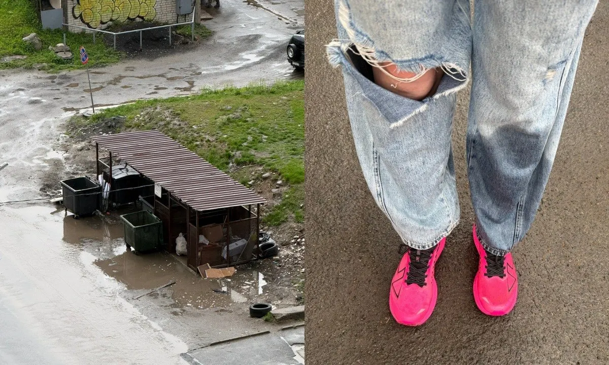 Жительница провалилась по колено в заполненную водой яму рядом с контейнерной площадкой на Лососинском шоссе; местные просят привести площадку в порядок.
