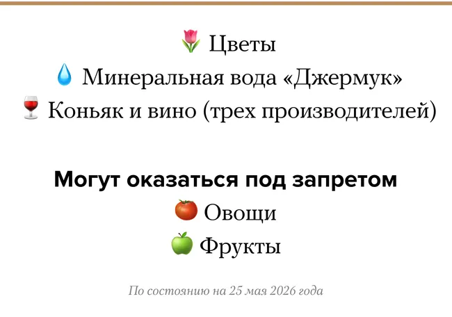 Российские власти запретили ввоз из Армении цветов, минеральной воды и части алкогольной продукции на фоне политического конфликта и требований допустить к выборам бизнесмена Самвела Карапетяна; под угрозой — овощи и фрукты.