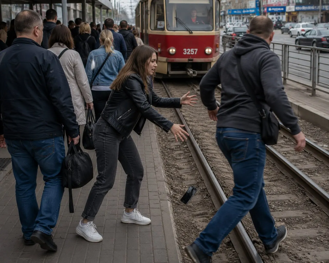 Жительница Барнаула рассказала, что в тесном проходе на остановке мужчина толкнул её плечом. Телефон выпал на трамвайные рельсы, но не пострадал. Она призывает быть внимательнее в местах большого скопления людей.