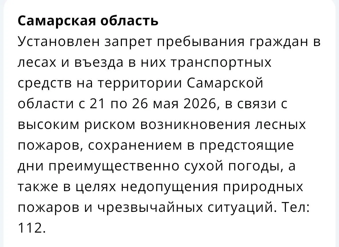 С 21 по 26 мая в регионе вводится запрет на пребывание людей и въезд транспорта в леса из‑за засушливой погоды и высокого риска лесных пожаров — мера направлена на предотвращение возгораний и ЧС.