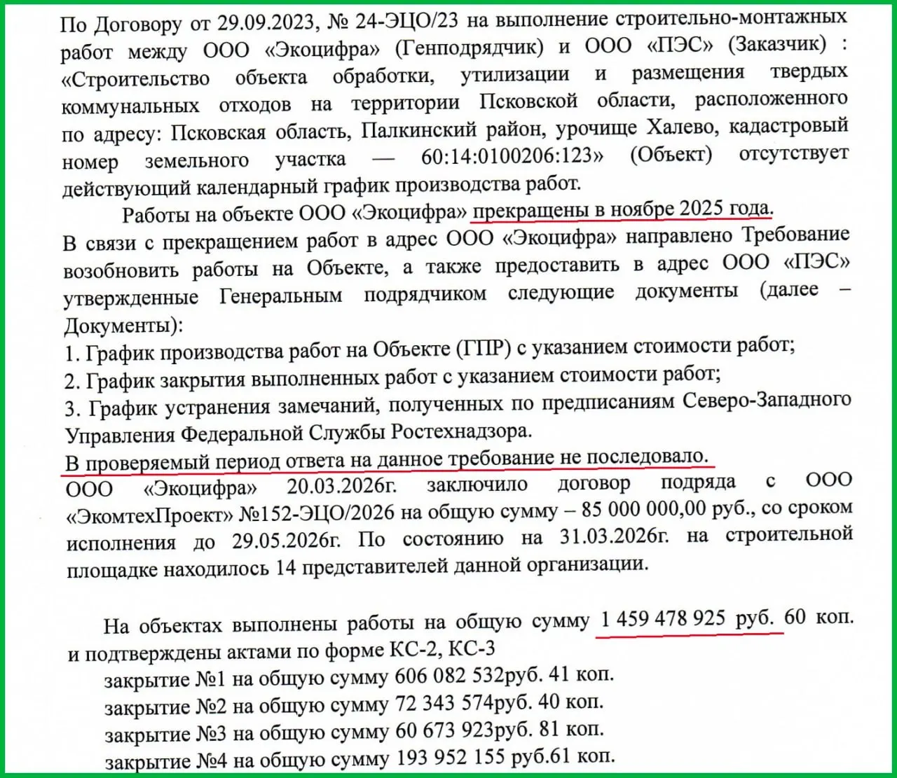 Строительство экотехнопарка в Палкинском районе остановлено с ноября: при контракте более 4 млрд руб. освоено около 1,46 млрд (36%). Апрельская проверка зафиксировала отсутствие календарного графика работ.