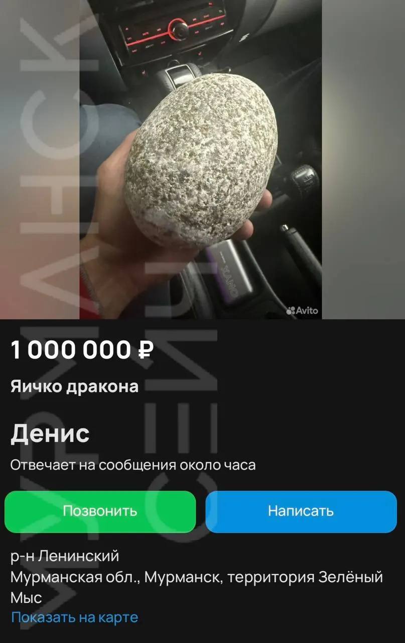 Житель Мурманска предлагает камень из Териберки, названный «яйцом дракона», за миллион рублей; продавец рассчитывает, что найдётся покупатель.