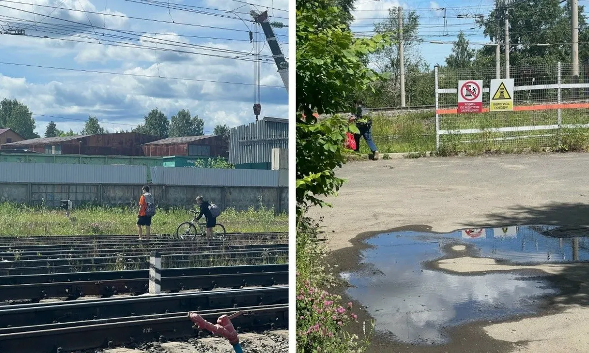 В районе улицы Достоевского люди обходят закрытый пешеходный переход: в заборе прорезали отверстие, переходят по рельсам без настила, в том числе с велосипедами и детьми.