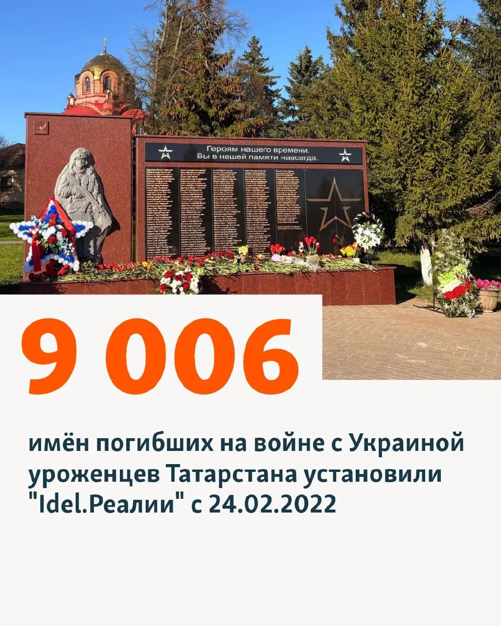 С 24 февраля 2022 года, по подсчёту проекта, погибли как минимум 9 006 уроженцев Татарстана. Республика — в числе лидеров по числу установленных погибших (второе место после Башкортостана). Отдельный подсчёт показывает минимум 960 погибших среди мобилизованных; точное число участников из региона неизвестно.