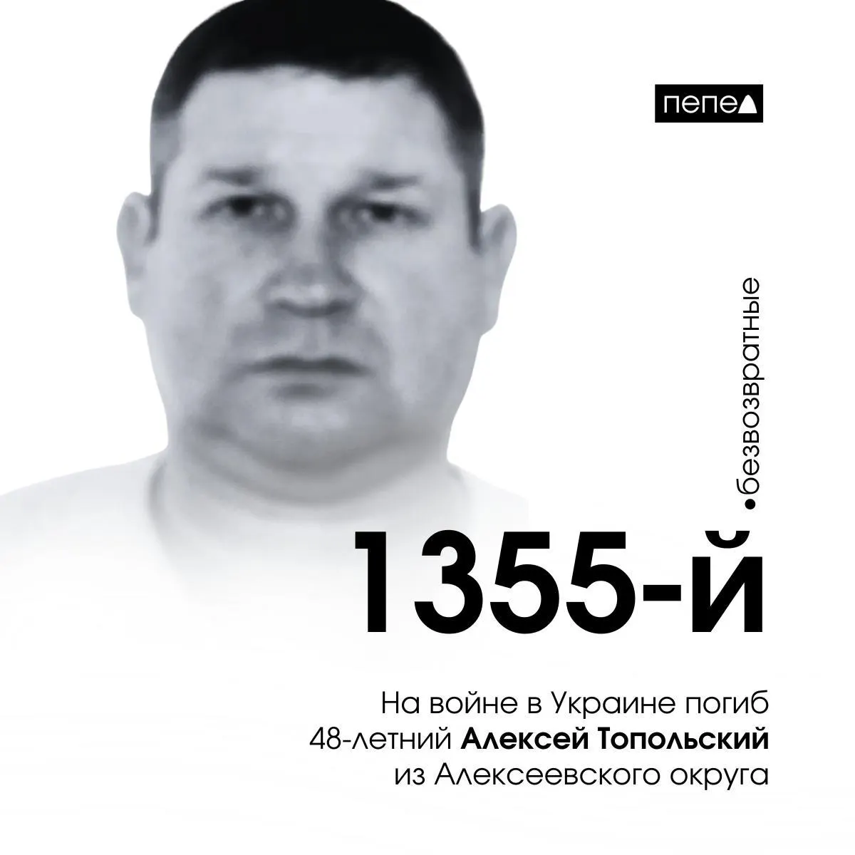 Алексей Топольский, ранее числившийся пропавшим и имевший судимость, погиб 27 сентября 2024 года под селом Лиман Первый (Харьковская область). По учёту он значится как 1355-й погибший из Белгородской области; всего по сводкам — 2786 человек.