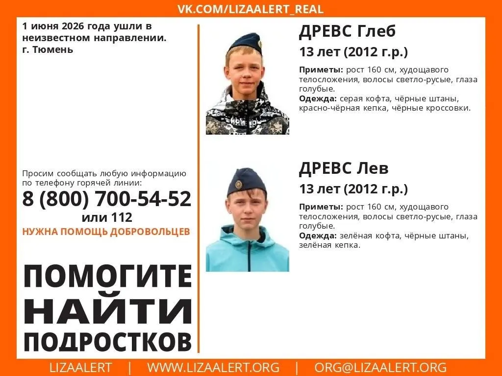 Глеб и Лев Древс ушли из дома 1 июня и не вернулись. Волонтёры просят сообщать любую информацию по телефонам или по номеру 112.