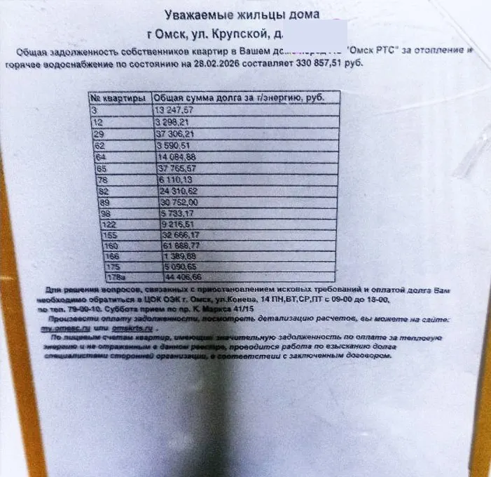 На Левом берегу Омска в одном доме 16 квартир накопили задолженность за отопление и горячую воду; у некоторых — десятки тысяч рублей.