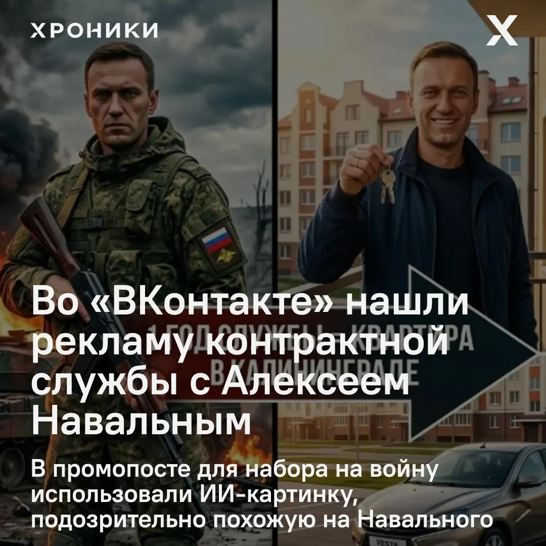 В объявлении о наборе на контрактную службу в одном из пабликов появилось сгенерированное изображение мужчины, напоминающее Алексея Навального. Организация пообещала крупные выплаты, квартиру и машину; позже признала использование ИИ‑картинки, пост удалили.