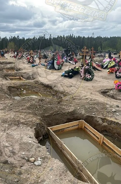 На кладбище в Костомукше участки частично заполнены грунтовыми водами — люди жалуются, что могилы просели и стоят в воде. Жители связывают проблему с некачественной отсыпкой и высоким содержанием глины в морене.