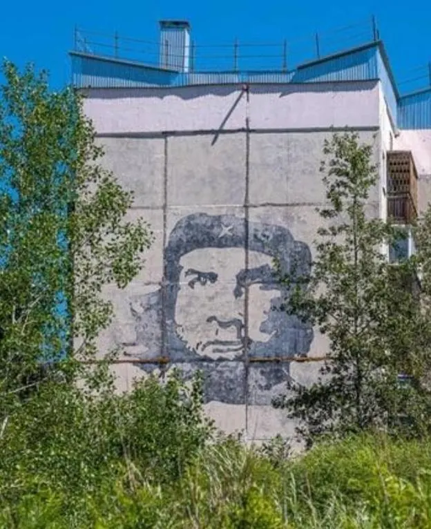 На боковом фасаде дома в Батарейном микрорайоне утеплитель закрыл большую часть рисунка — видны только глаза, лоб и армейский берет. Рисунок нанесли около 15 лет назад; в 2022 году он попал в городской гид по уличному искусству.