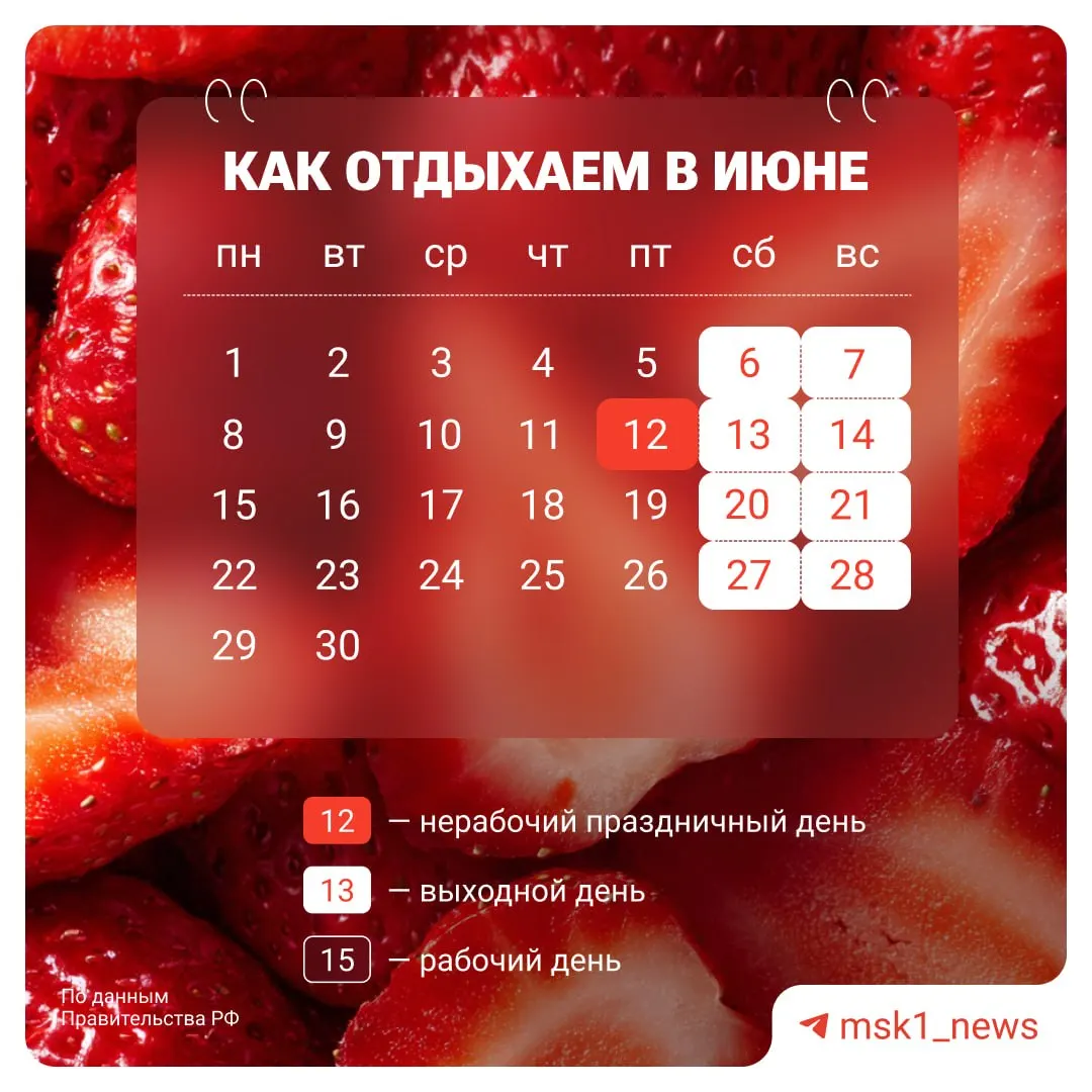 12 июня — День России. На этой неделе рабочие дни сокращены: с 8 по 11 июня, затем начинаются праздничные выходные.