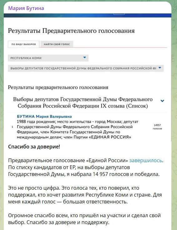 Депутат сообщила о 14 957 голосах и благодарила избирателей, хотя в республике праймериз проходили исключительно в онлайн‑формате; праймериз сопровождались массовыми жалобами о давлении.