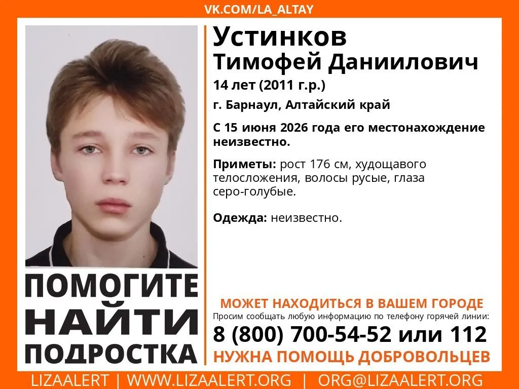 14-летний Тимофей Устинков пропал 15 июня; волонтёры сообщают, что подросток мог уехать в другой населённый пункт. Открыта поисковая операция.