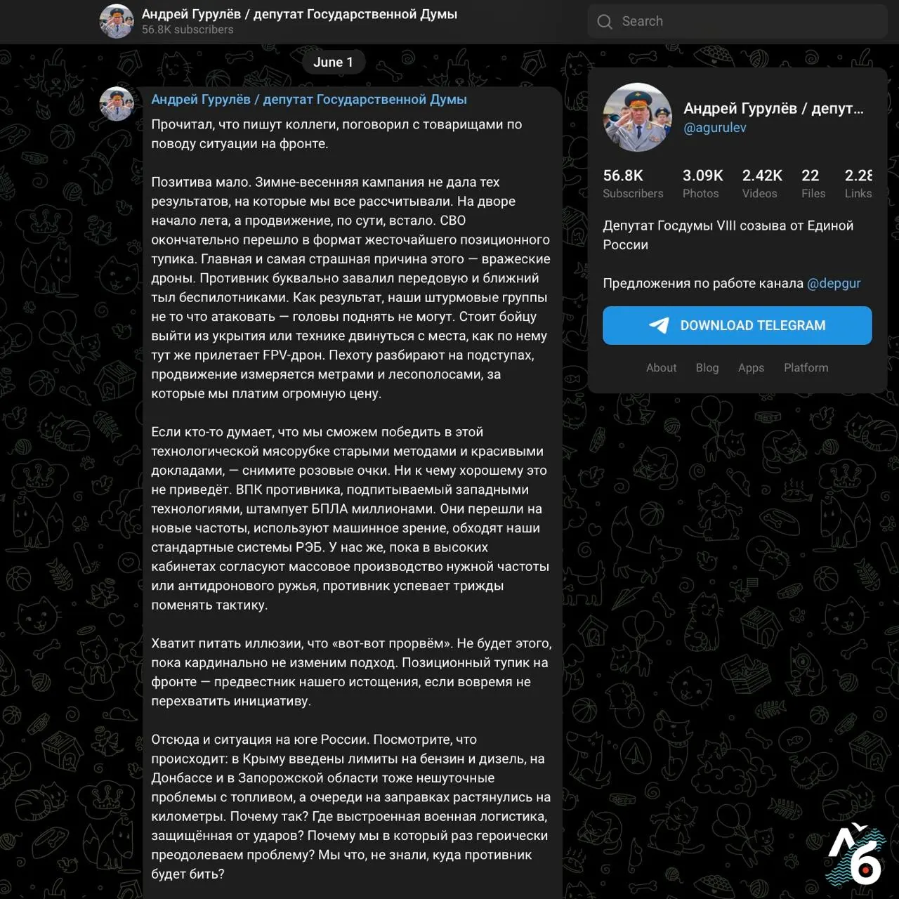 В его аккаунте в соцсетях появилась публикация с резкой критикой боевых действий и призывом к решительным мерам; позже депутат заявил, что аккаунт был взломан. Ранее он высказывался за жёсткие ответы на действия иностранных судов.