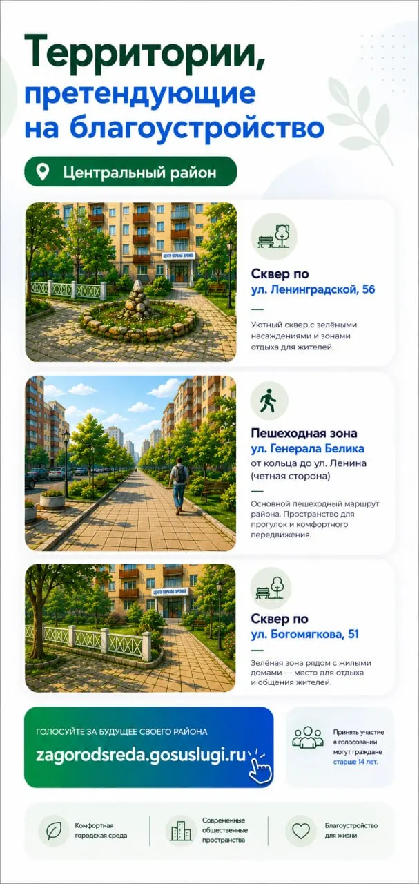 Жителям Читы предлагают проголосовать за парки, скверы и зоны отдыха — от выбора зависит очередность работ и финансирование. Голосование доступно онлайн, в мобильном приложении и с помощью волонтёров.