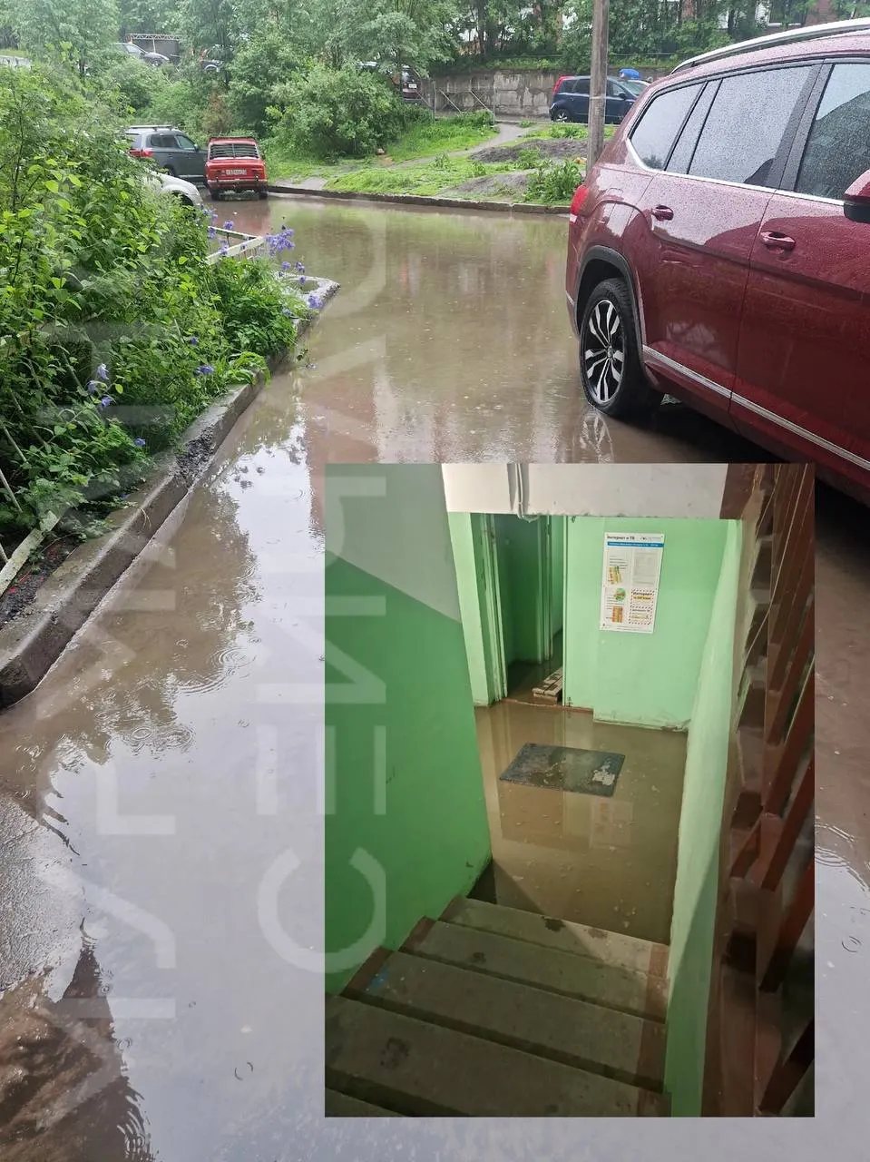 На Кольском проспекте из‑за постоянных дождей вода накопилась в большой луже и затопила двор и вход в жилой дом, что затруднило выход жильцов и требует вмешательства коммунальных служб.