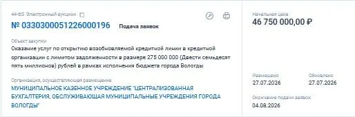 Город разместил закупку от 27.07.2026 на услуги по открытию возобновляемой кредитной линии: контракт на 46,75 млн ₽ при лимите задолженности до 275 млн ₽ для исполнения бюджета Вологды.