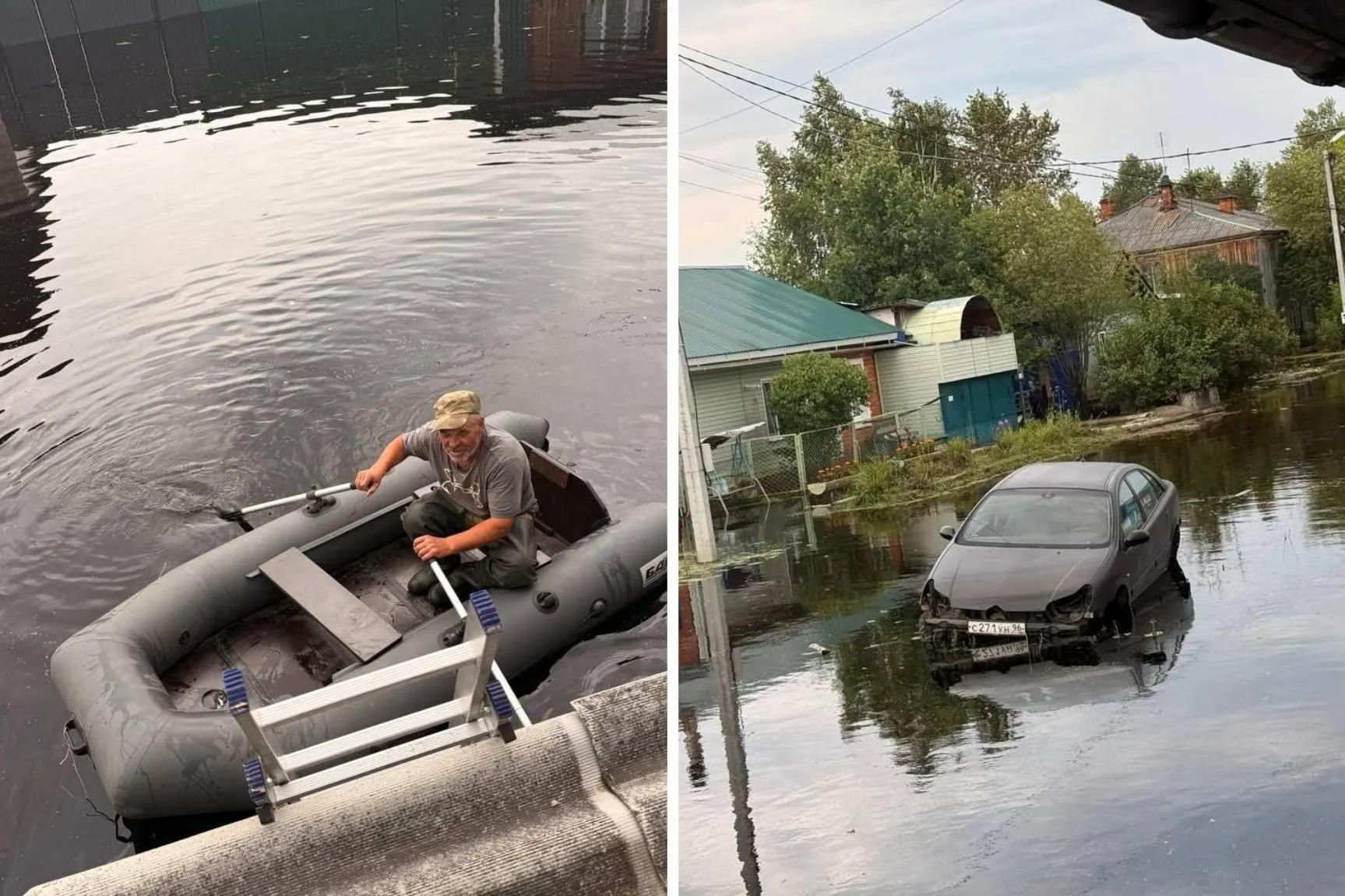 В результате стремительного подъёма воды в одном из уральских городов многие жители остались без имущества, домашних животных и урожая; люди передвигаются на лодках, чтобы добираться до жилья и кормить животных.