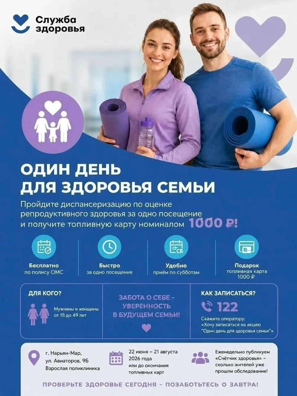 В Ненецком автономном округе предлагают топливные карты по 1 000 рублей жителям 18–49 лет за визит к урологу или гинекологу. Всего планируют раздать 100 карт; к 10 июля получили 77 человек.