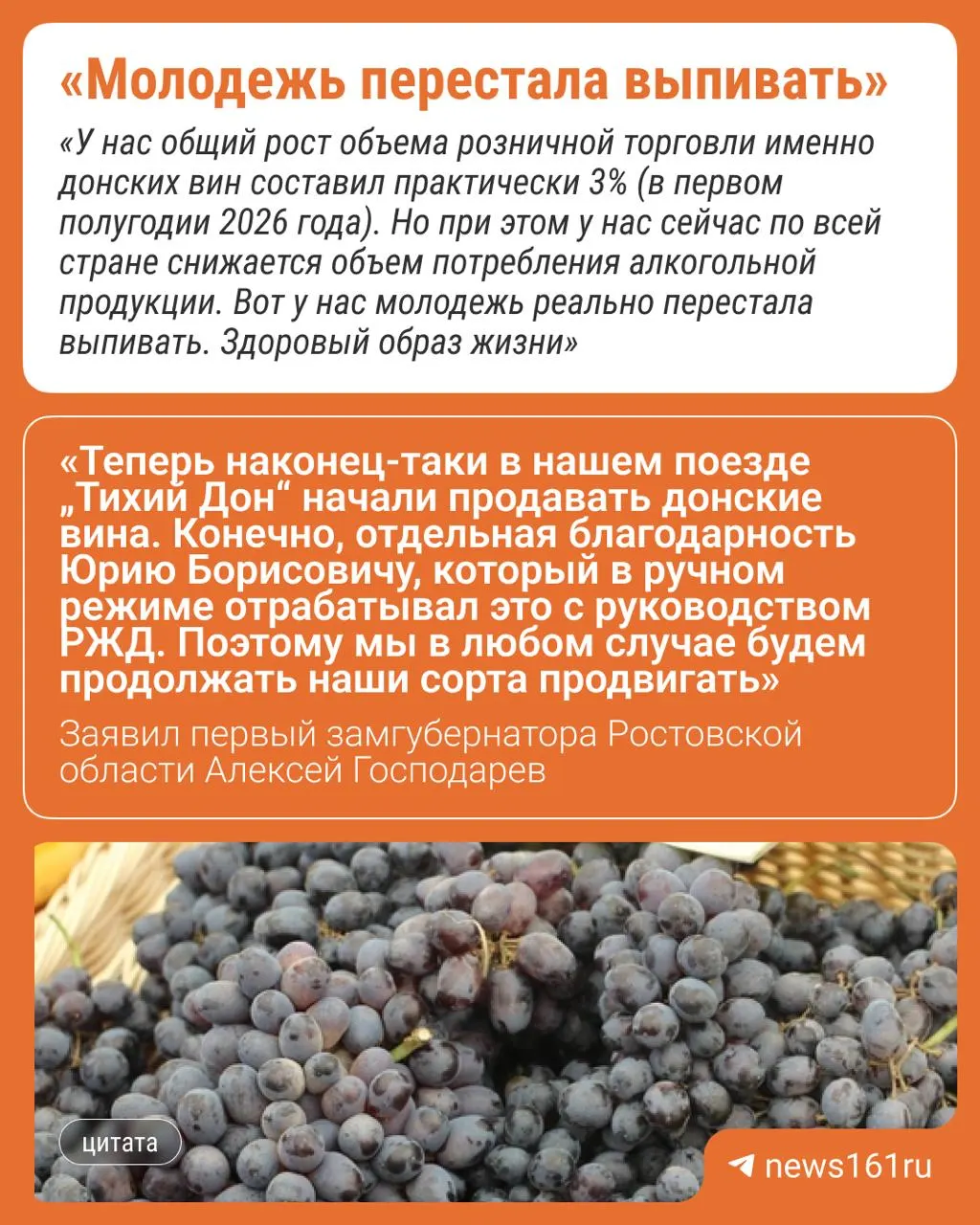Донские вина впервые появились в продаже в поезде «Тихий Дон». По словам первого замгубернатора Ростовской области, в первом полугодии 2026 года у местных виноделов выросли продажи, тогда как в целом по стране потребление алкоголя сокращается, особенно среди молодёжи.