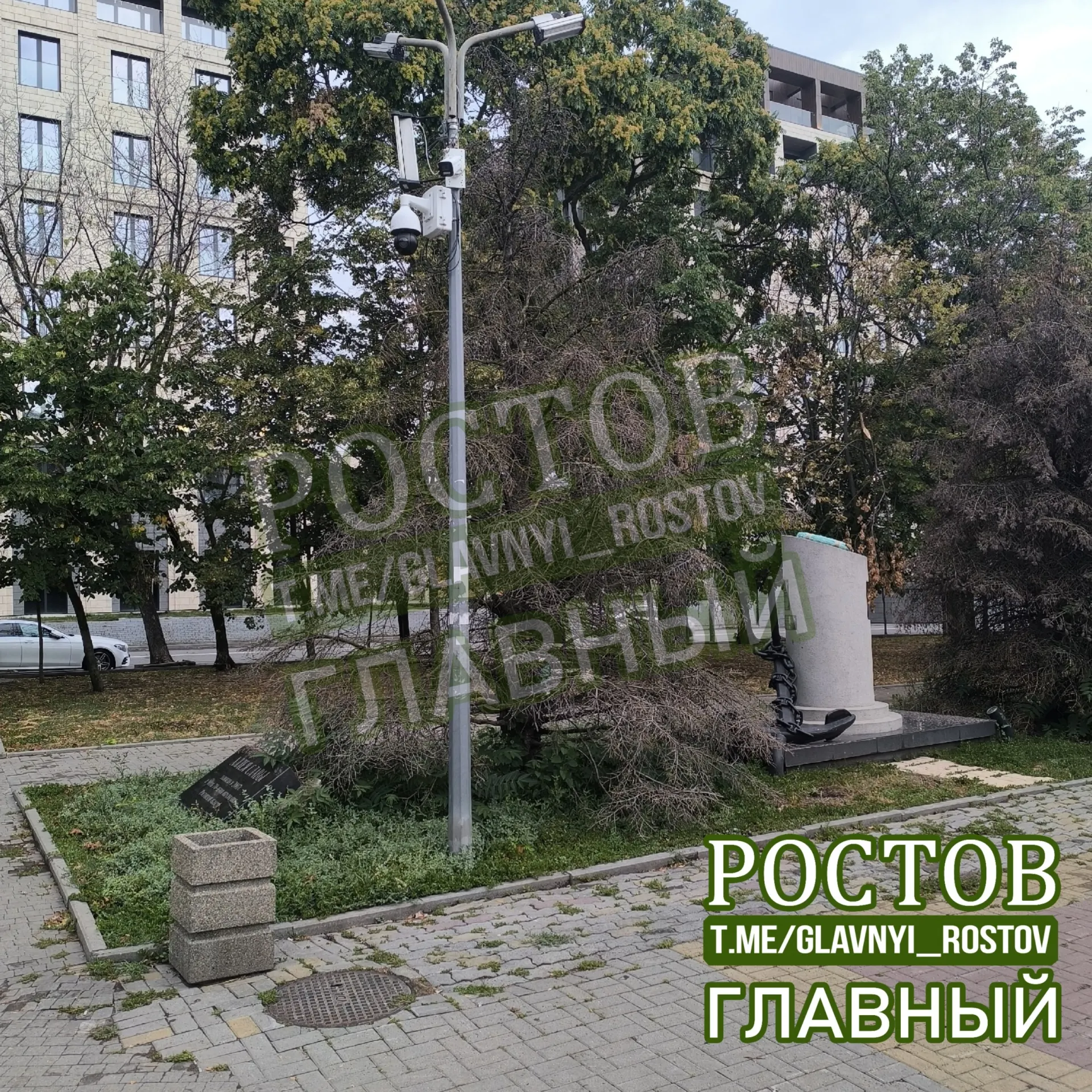 Жители жалуются, что сквер с обзорной площадкой у центрального въезда в город пришёл в упадок: сохнут 70‑летние ели, урн почти нет, зато на столбах установлено по несколько камер.
