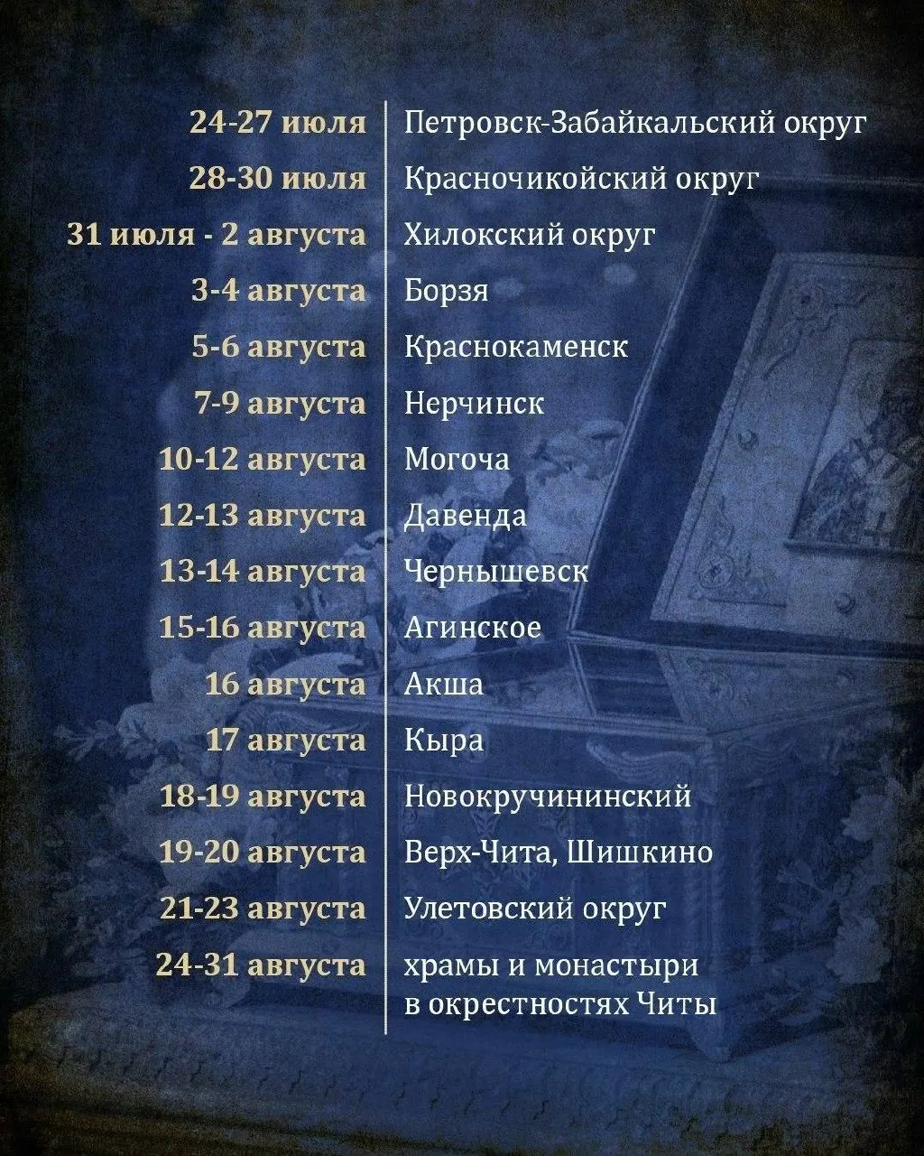Ковчег с мощами прибудет в Читу 23 июля; до 31 августа святыня посетит приходы и храмы региона.