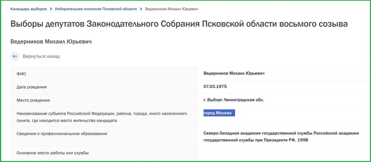 В документах, поданных в региональную избирательную комиссию, Михаил Ведерников указал постоянную прописку в Москве.