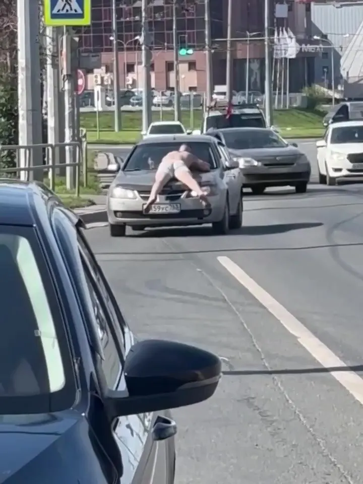 На кольце улицы Авроры и Московского шоссе прохожие увидели мужчину, лежавшего на капоте движущегося автомобиля. Очевидцы выдвигают разные версии — от жары и опьянения до проигрыша пари.