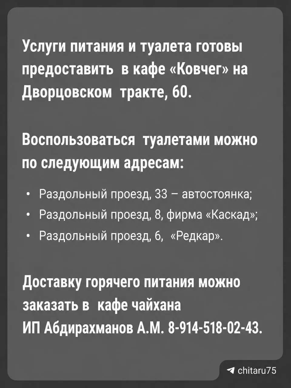 Городские власти договорились с предпринимателями: жители Читы смогут бесплатно заходить в уборные и при необходимости брать еду или заказывать доставку, пока ждут в очередях на автозаправках.