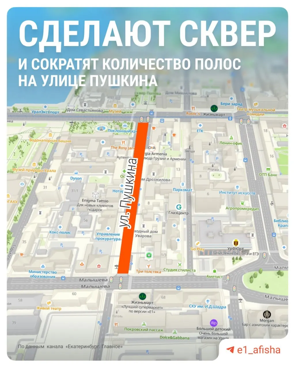 Проезжую часть на Пушкина планируют сократить с четырёх до двух полос — вместо этого обустроят парковку, тротуары, широкие велодорожки и зелёные зоны; работы обещают завершить к 1 сентября.