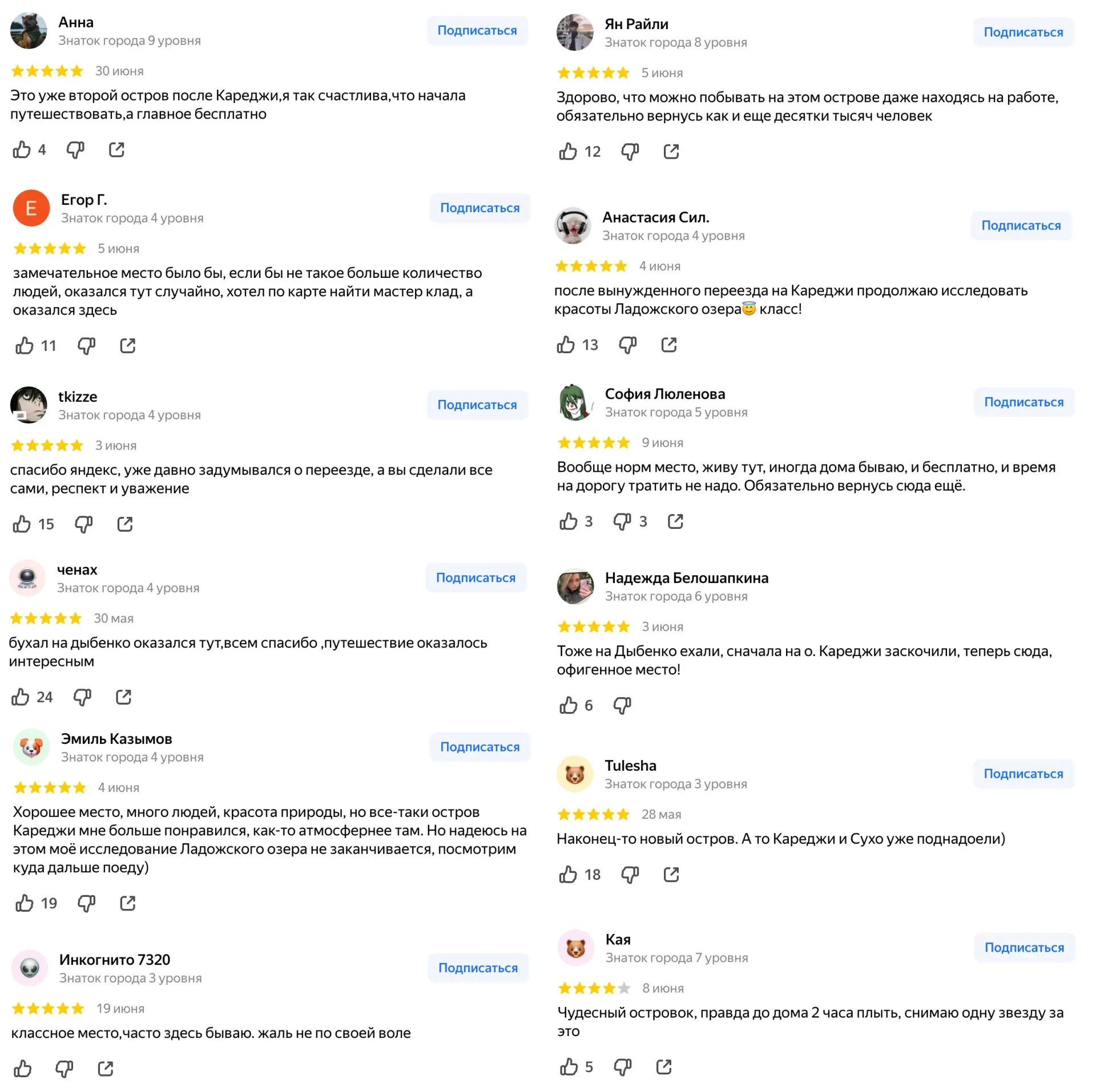 Картографические приложения указывают часть петербуржцев на острова Зеленцы у Ладоги: метки появились вблизи острова Кареджи, и пользователи отмечают виртуальные «визиты». Острова известны своей историей и популярны у рыбаков; недавно там проходила акция по озеленению.