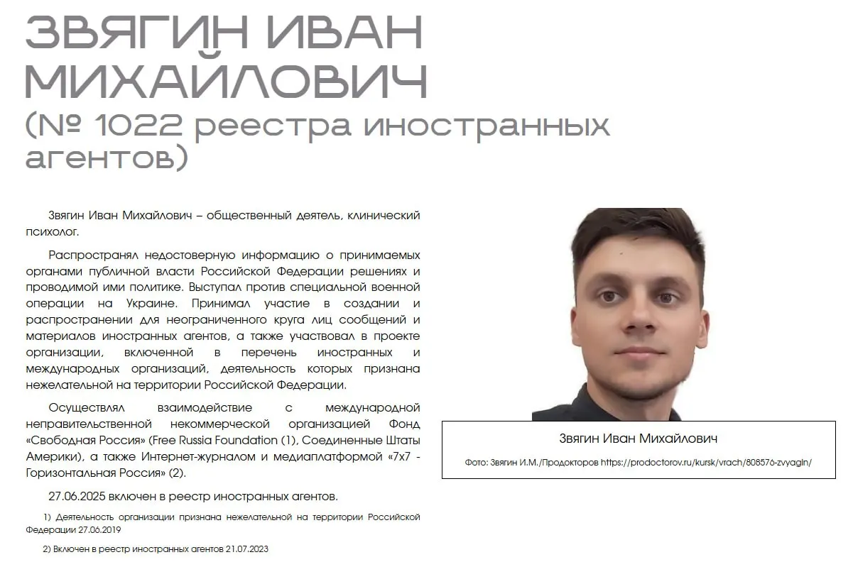 Психолог и активист Иван Звягин требует удалить сведения о себе из материалов виртуальной выставки, утверждая, что Минюст превысил полномочия и стигматизировал его. Он просит суд обязать ведомство убрать информацию.