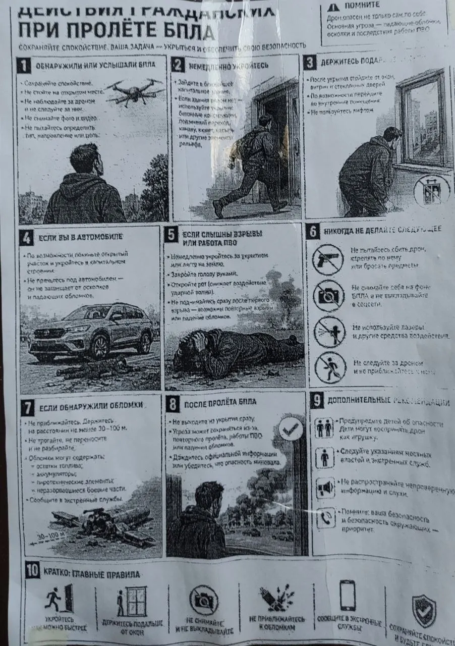 В отдельных подъездах многоквартирных домов Калининграда развесили памятки с инструкциями при обнаружении беспилотников: покинуть опасную зону, предупредить других, позвонить по 112 и не использовать телефоны и радиосвязь рядом с дроном. Мэрия подтвердила, что это стандартные памятки ГО и ЧС.