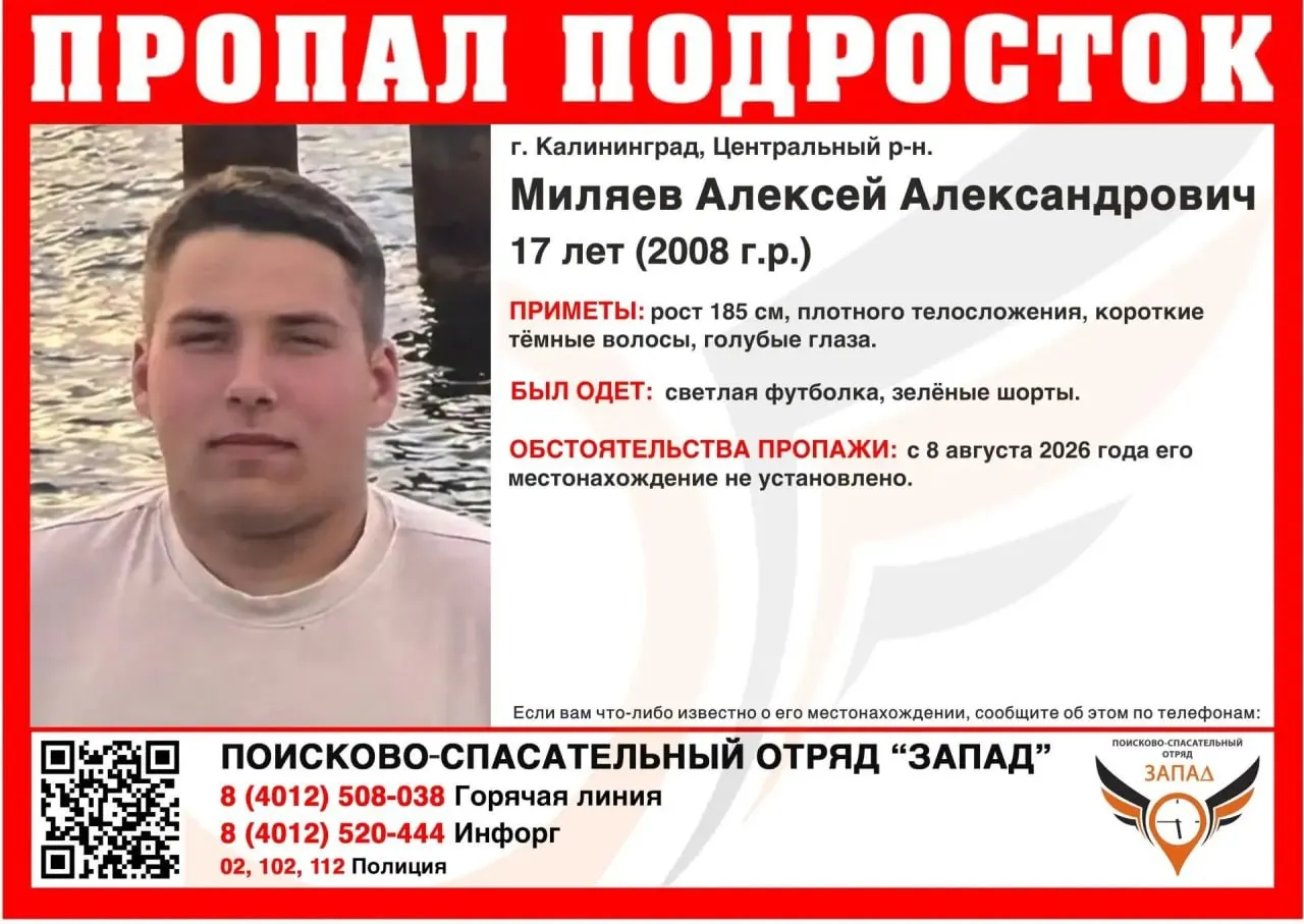 17-летний Алексей Миляев пропал в Центральном районе Калининграда. Последний раз его видели в ночь на 8 августа; юноша имеет характерные приметы и был одет в светлую футболку и зелёные шорты. Поиск ведётся по всем каналам; сообщите любую информацию по указанным телефонам.