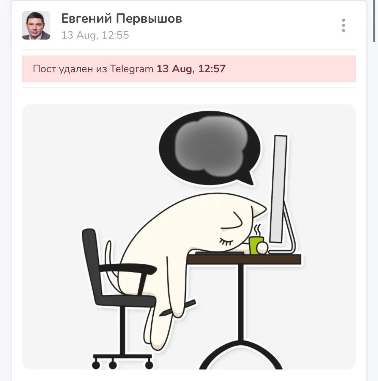 Инцидент в соцсетях региона: на странице опубликована фотография спящего кота и последующее заявление о взломе, позже — извинения подписчикам.