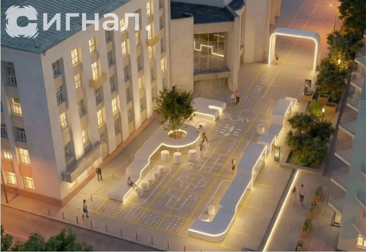 Планируется завершение работ к Международному фестивалю молодежи; пространство оформят в стилистике кино, главные элементы — белые ленты и светящиеся конструкции; в центре площадки появится дерево и графика для игр.