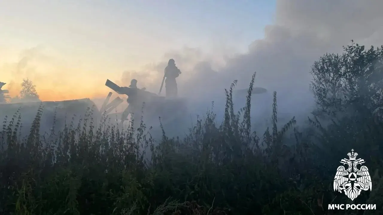 Сильный пожар уничтожил жильё и хозяйственные постройки во дворе; спасатели вывели двух взрослых и ребёнка.
