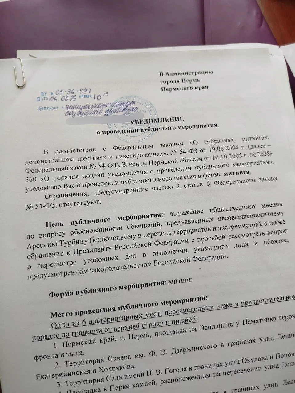 Чиновники не согласовали митинг на 19 августа, объяснив формулировку цели неоднозначной. Активисты подали повторное уведомление и потребовали пересмотреть дело Арсения Турбина, а также обсудить вопросы наказаний несовершеннолетних.