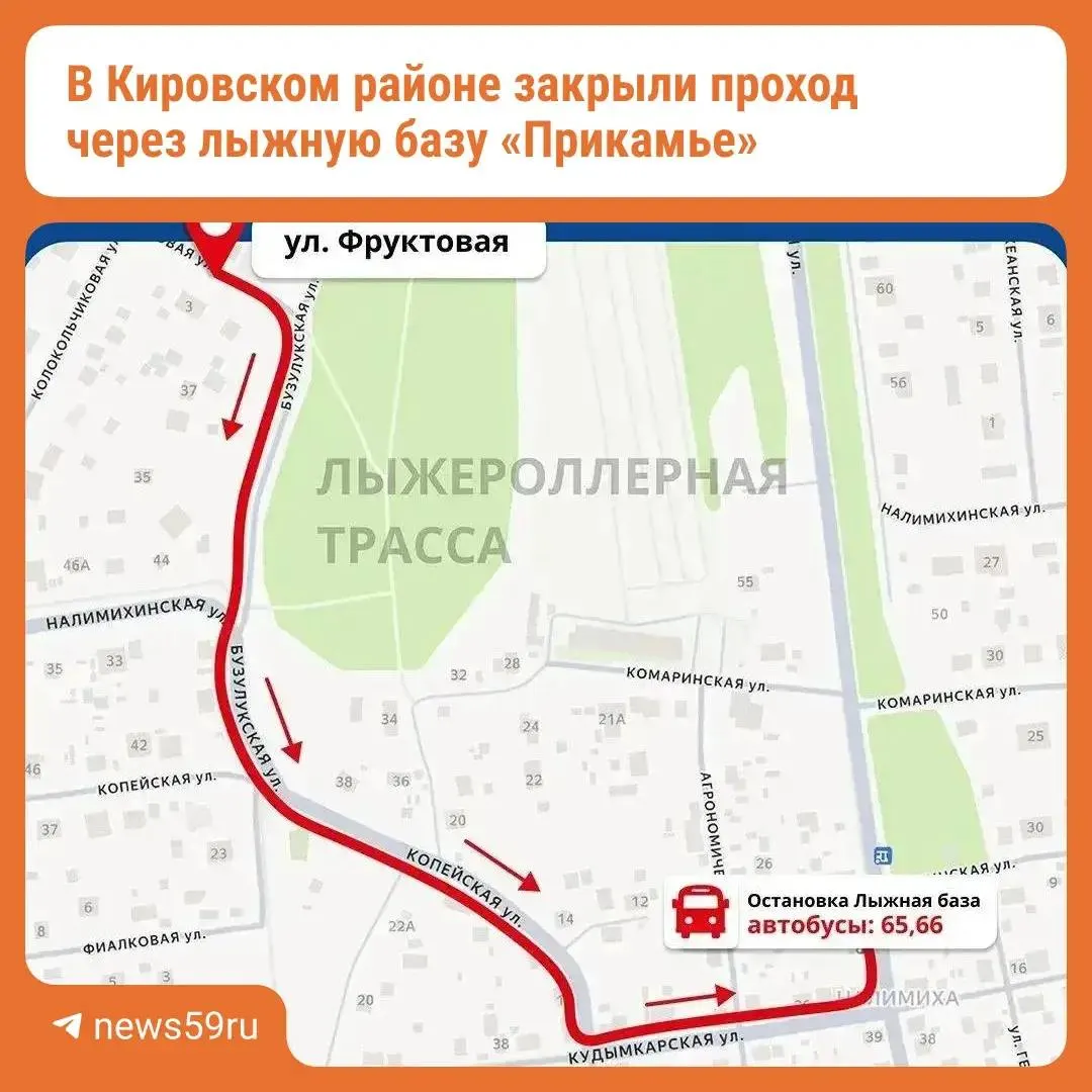Из-за введения новой трассы длиной 3,4 км пройти к автобусным остановкам №65 и №66 нельзя; обход маршрутов — по соседним улицам Бузулукской, Копейской и Кудымкарской.