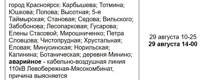 На Октябрьском районе Красноярска и в деревне Минино произошла авария с перебоями в электроснабжении; восстановление ожидается к 14:00.