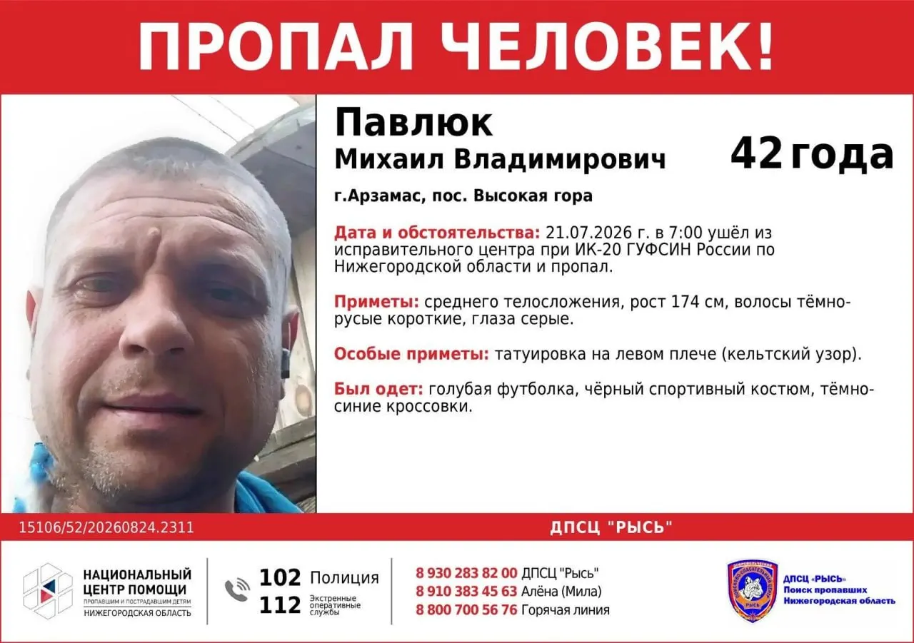 Михаил Павлюк исчез после выхода из исправительного центра под Арзамасом; продолжаются поиски.