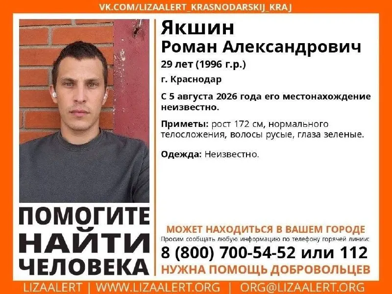 Якшин Роман Александрович, 29 лет, пропал без вести в Краснодаре; местонахождение неизвестно с 5 августа 2026 года; приметы: рост 172 см, русые волосы, зелёные глаза; горячая линия поискового отряда: 8 800 700 5452.